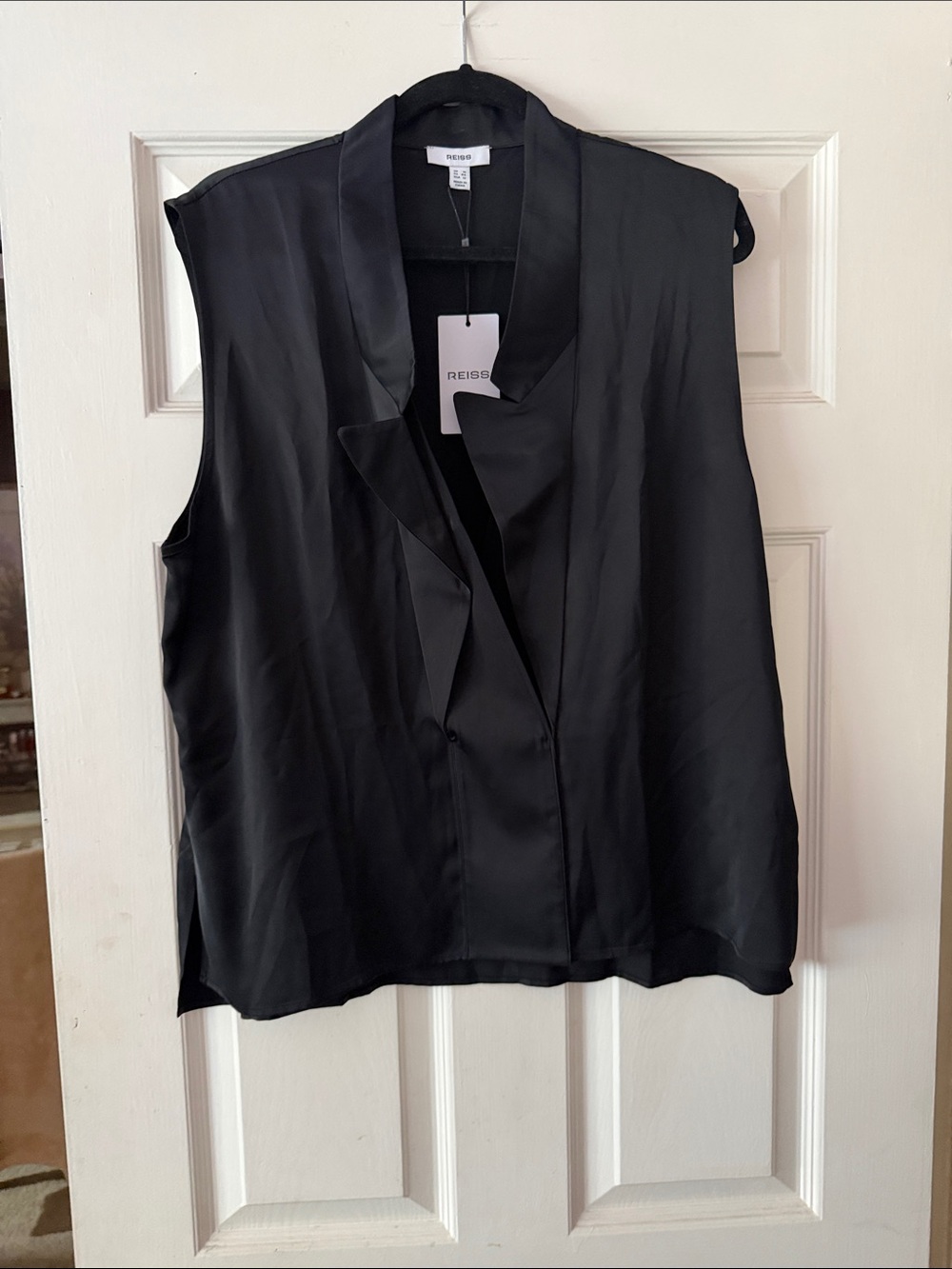 Reiss Black Satin Sleeveless V-Neck Tux Blouse